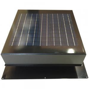 Photo of a black solar attic fan with the solar panel laying flat, from a front angle.