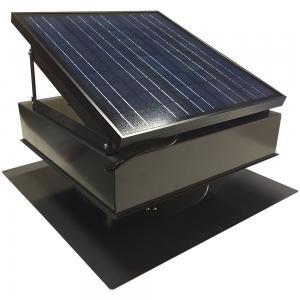 A black solar attic fan with the solar panel angled up.