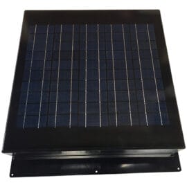 The solar panel of a black Remington Solar Attic Fan.
