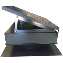 A black Remington Solar Attic Fan, with the solar panel angled up.