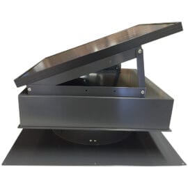 Side view of a 30-watt solar attic fan with the solar panel angled up.