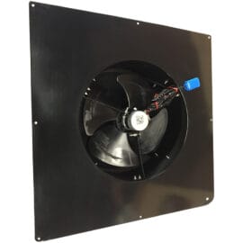 The fan blades of black Remington Solar attic fan.