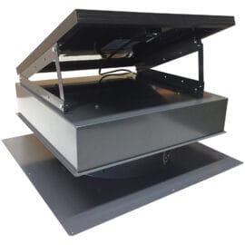 Front and side view of a 30-watt solar attic fan with the solar panel angled up.