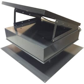 Front and side view of a 30-watt solar attic fan with the solar panel angled up.