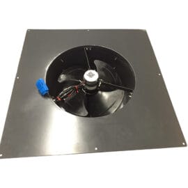 The fan blades of a 30-watt solar attic fan, surrounded by metal.