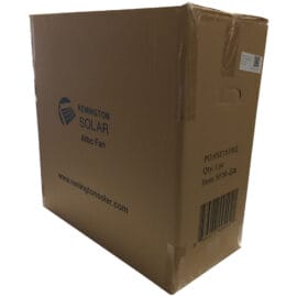 A box containing the 30-watt solar attic fan, ready to be shipped.