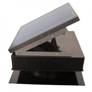 Side image of a Remington Solar attic fan with the solar panel angled upwards.