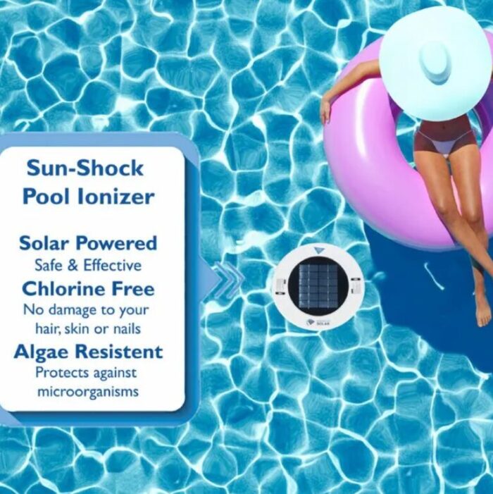 A woman relaxes in a pool on a pink float near a solar-powered pool ionizer, with text promoting it as chlorine-free, algae-resistant, and safe for hair, skin, and nails.