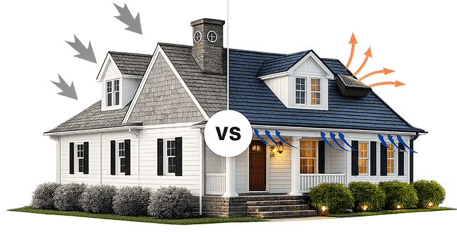 Split-image showing a contrast between a traditional house (left) and a modern house (right) with a central 'VS' circle comparing them.