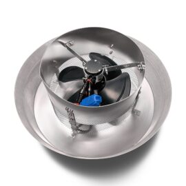 The fan blades of a small solar attic fan.