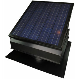 A black Remington Solar attic fan with the solar panel angled up.