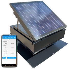 A solar attic fan and a phone, showing the Remington Solar App.