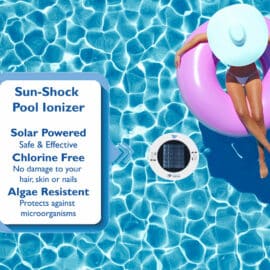 An image of a person in a pool, next to a pool ionizer, with a text box explaining the Sun Shock Pool Ionizer.