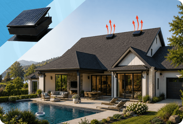 Modern two-story house with rooftop solar panels and red heat‑rise arrows, outdoor seating by a swimming pool on a sunny day.