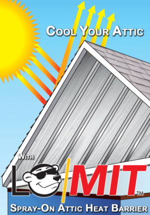 An ad for Lo/Mit spray-on attic heat barrier shows a roof reflecting sunlight with a cool-looking bear mascot.