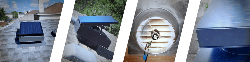 A collage of four images showcasing different views of solar-powered attic fans installed on rooftops and an interior vent with a motor – Remington Solar
