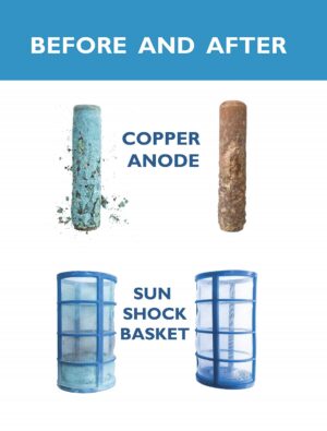 Before and after images of a copper anode and a Sun Shock basket.