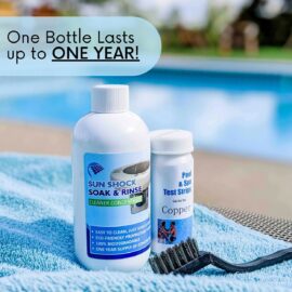 Sun Shock Soak & Rinse with accessories, on a blue pool towel, with the words